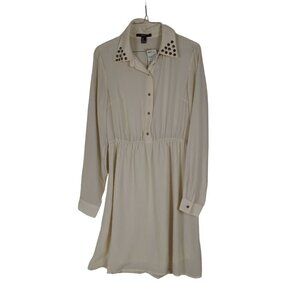 Forever 21 Cream Chiffon Dress Button Front Studded Collar Medium NWT